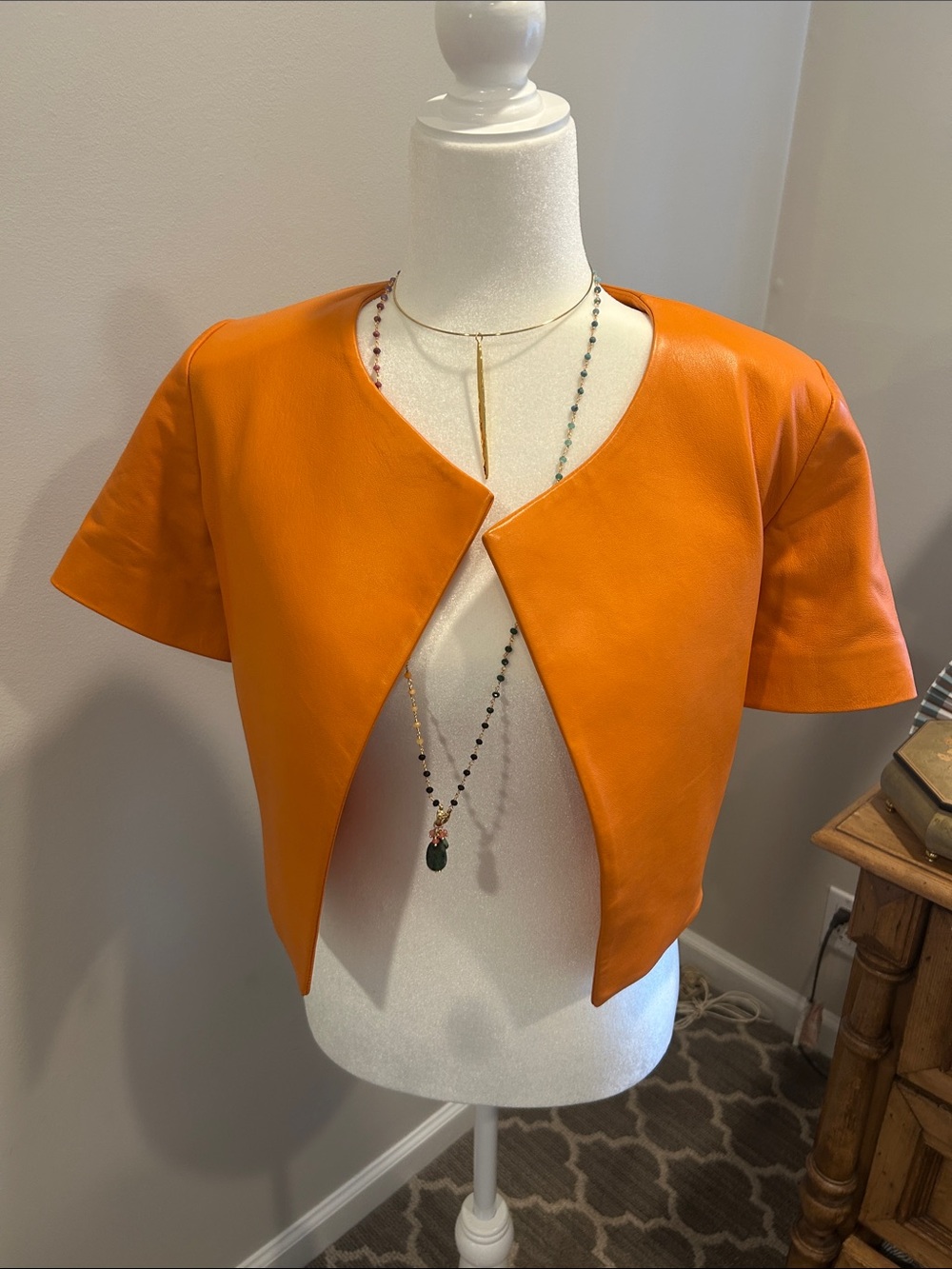Lamarque Orange Cropped Short-Sleeve Leather Jacket